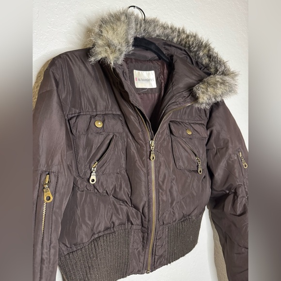 No Boundaries Dark Brown Quilted Bomber Jacket with Faux Fur Hood Y2K - Picture 3 of 4